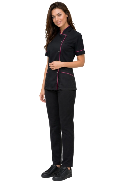 Medyczny komplet bluza czarna  z rożową  lamówką  i  czarne   spodnie cygaretki MEDICAL BEAUTY