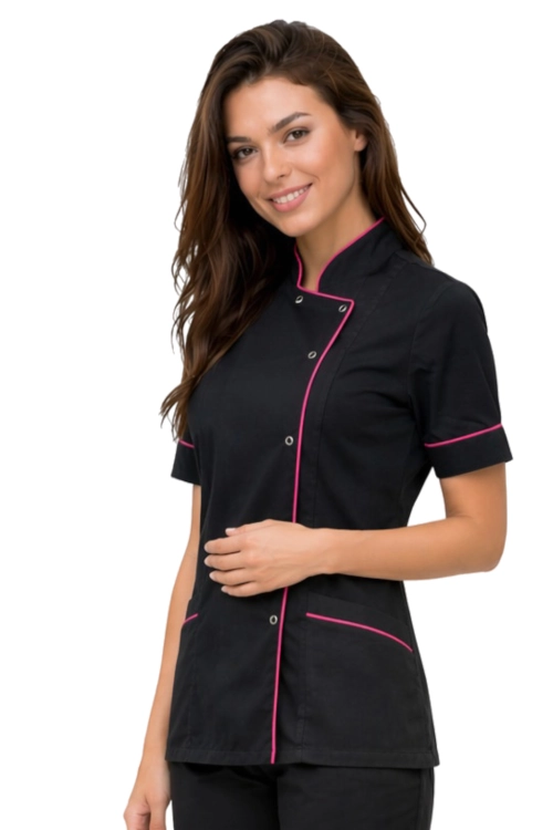 Czarny żakiet kosmetyczny  z amarantową lamówką