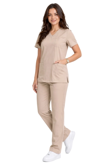 Ensemble médical féminin classique coupe droite beige - scrubs CASUAL PREMIUM