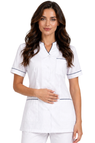 Żakiet medyczny damski biały z granatową lamówką