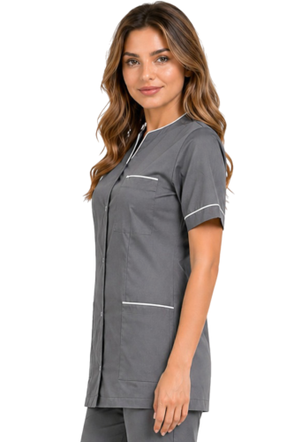 Damski żakiet kosmetyczny medyczny szary  z białą lamówką