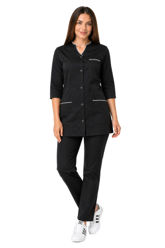 Komplet medyczny czarny z biała lamówką  damski 3/4 rękaw