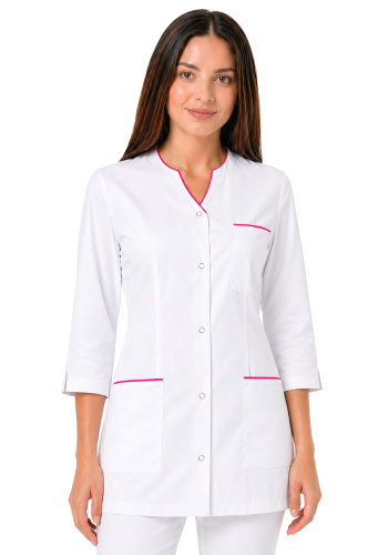 Żakiet medyczny damski biały z różową lamówką  i  rękawem 3/4